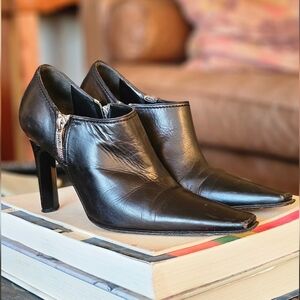 Casadei Black Pointed-Toe Leather Heeled Booties